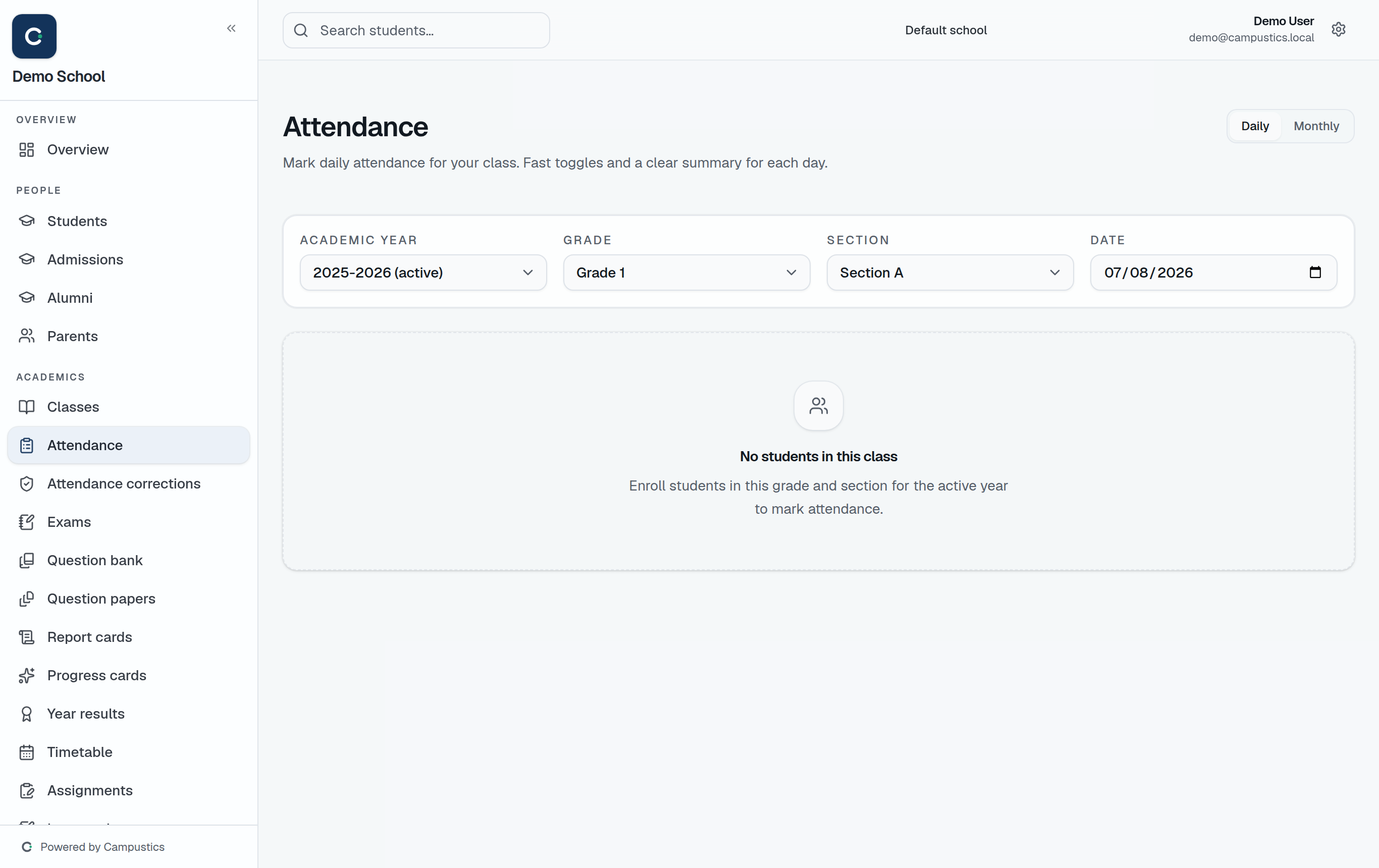 The Attendance page
