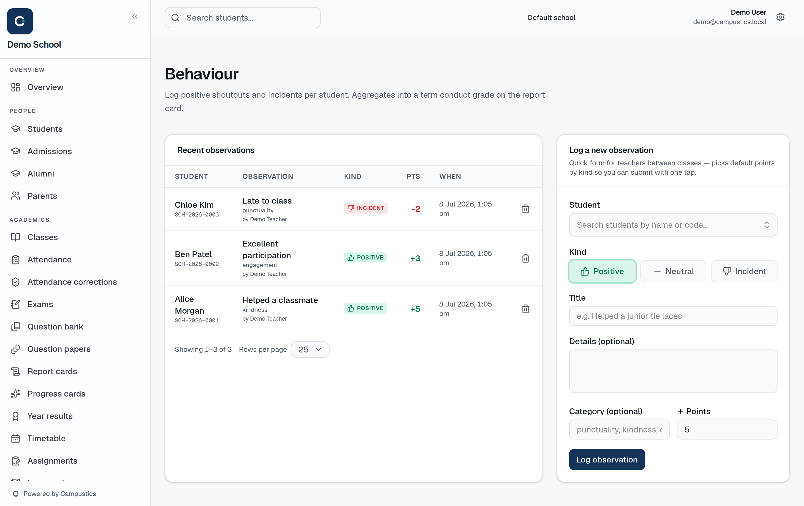 The Behaviour page