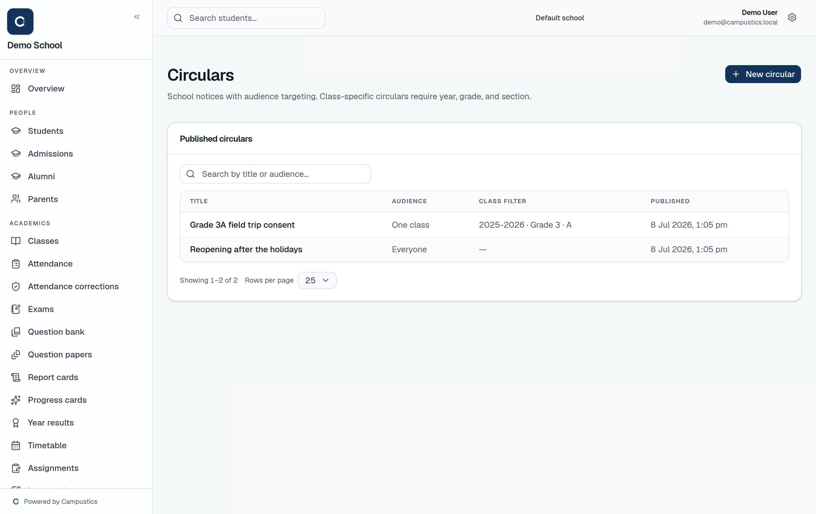 The Circulars page