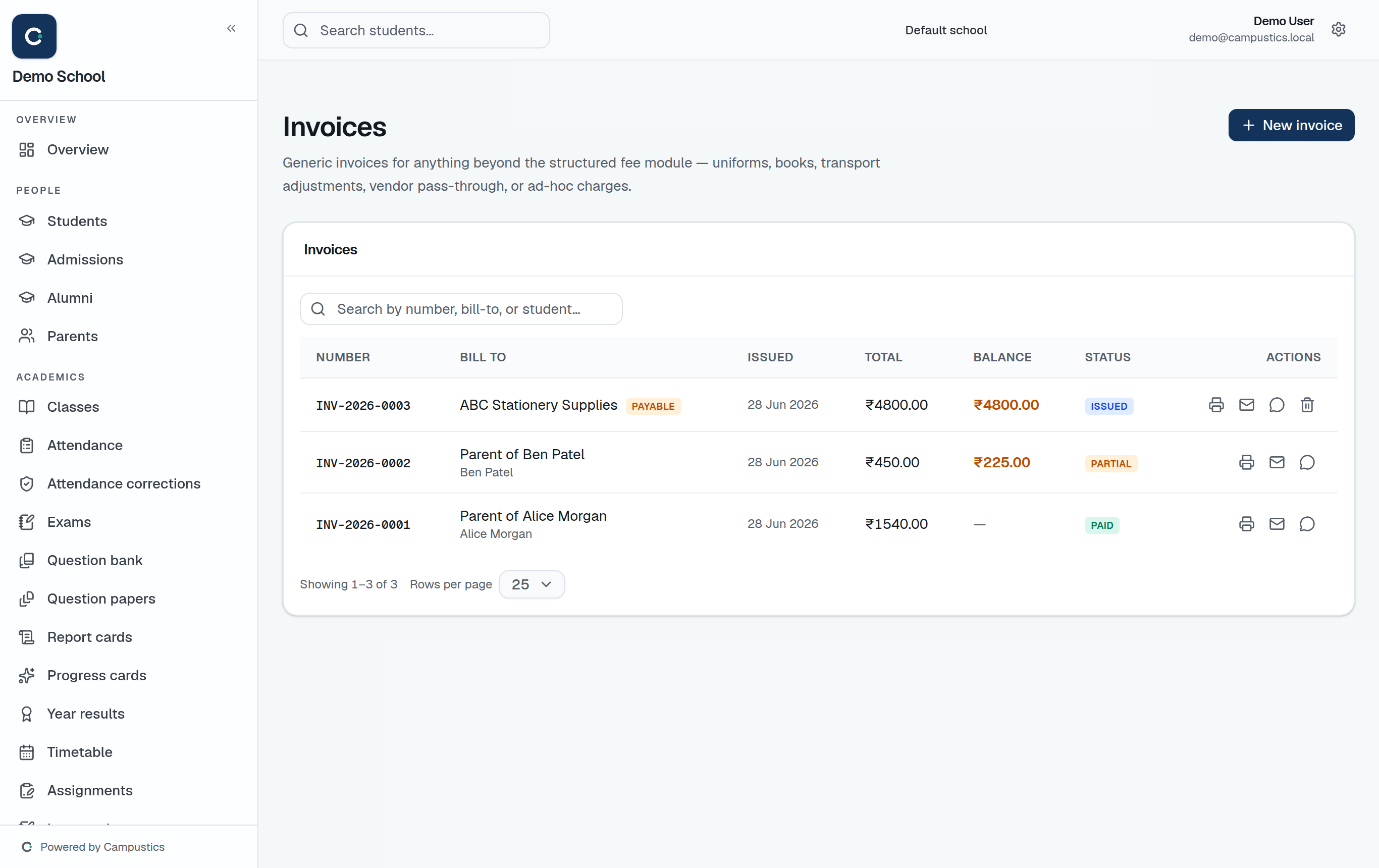 The Invoices page