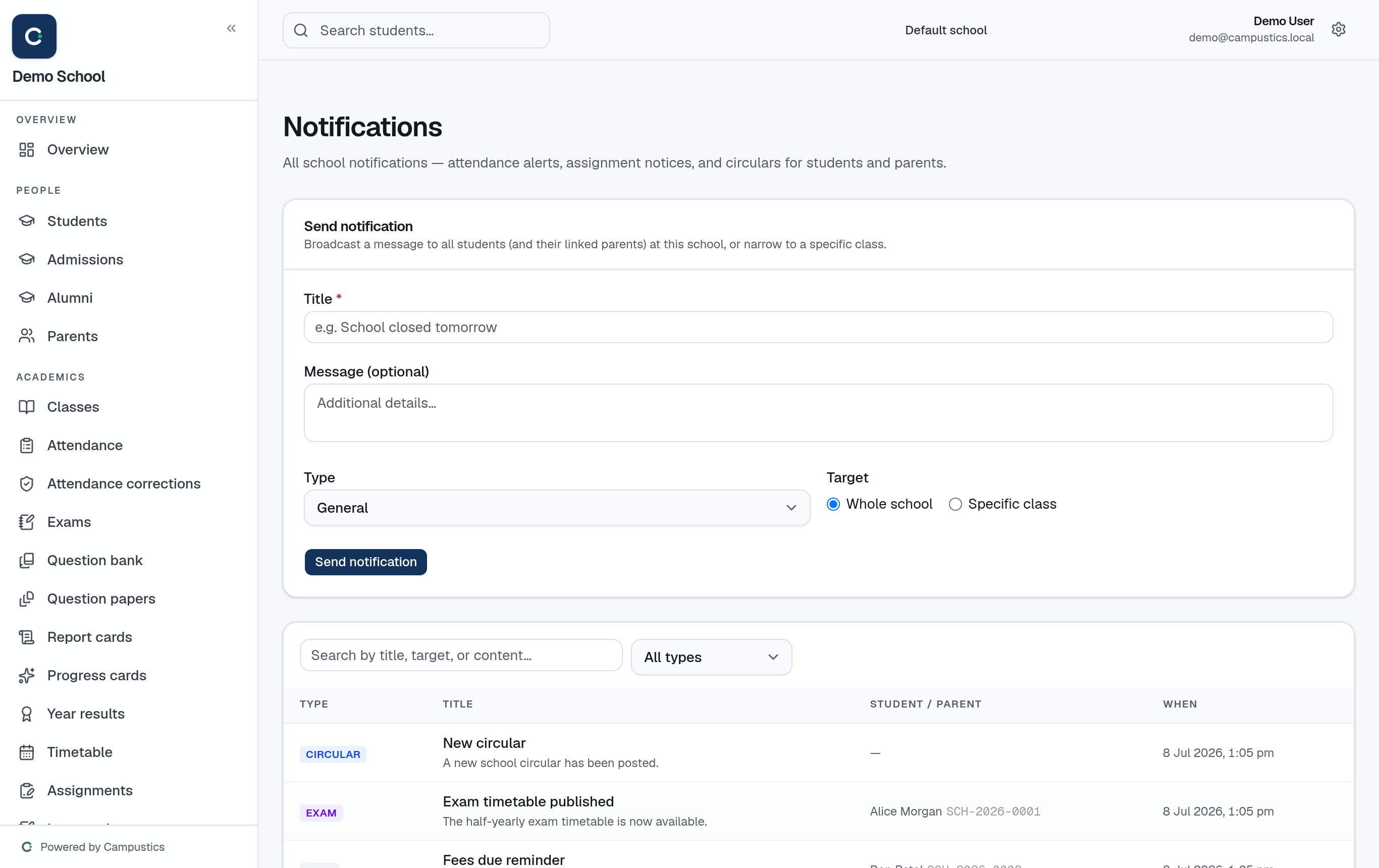 The Notifications page