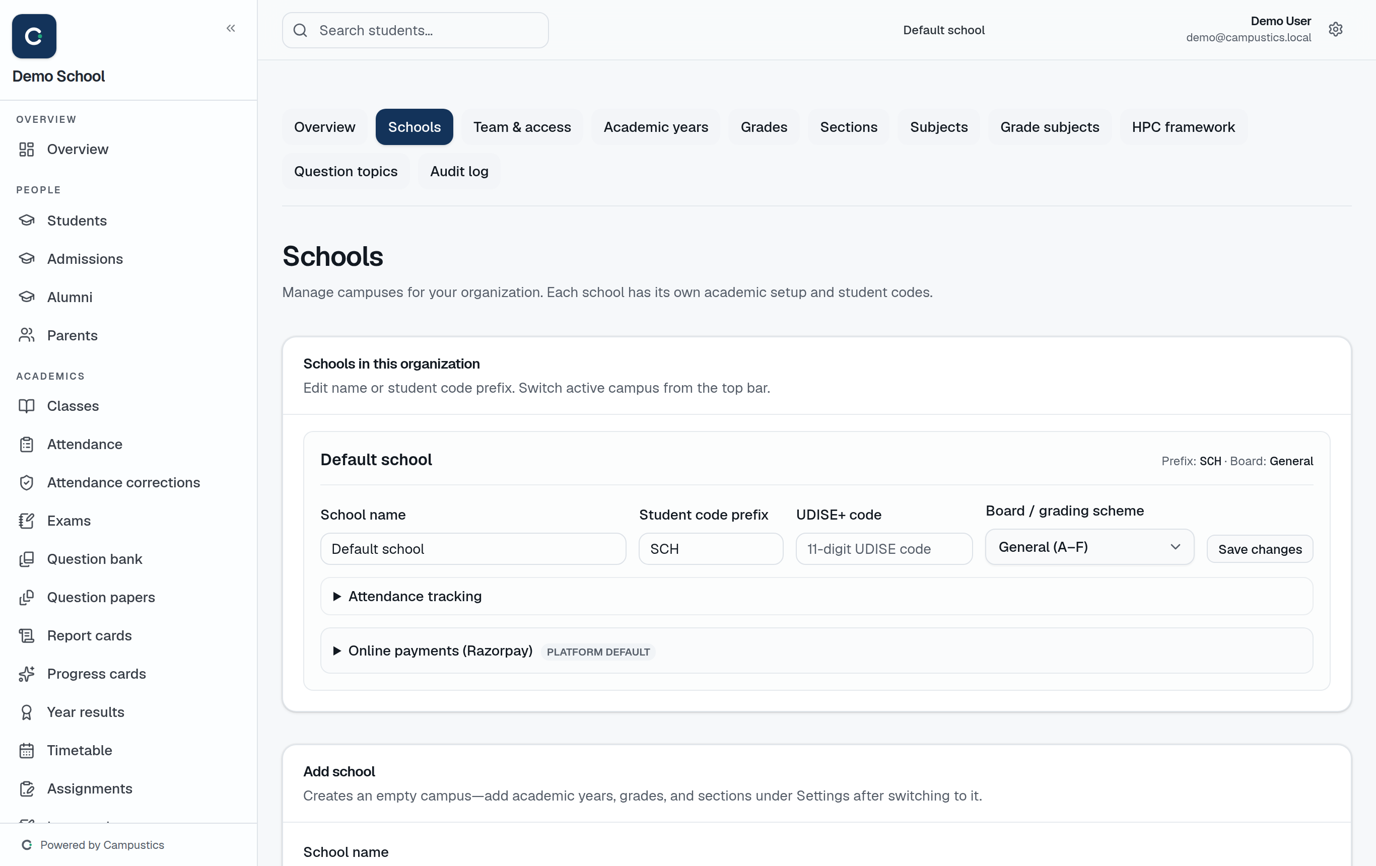 Settings → Schools