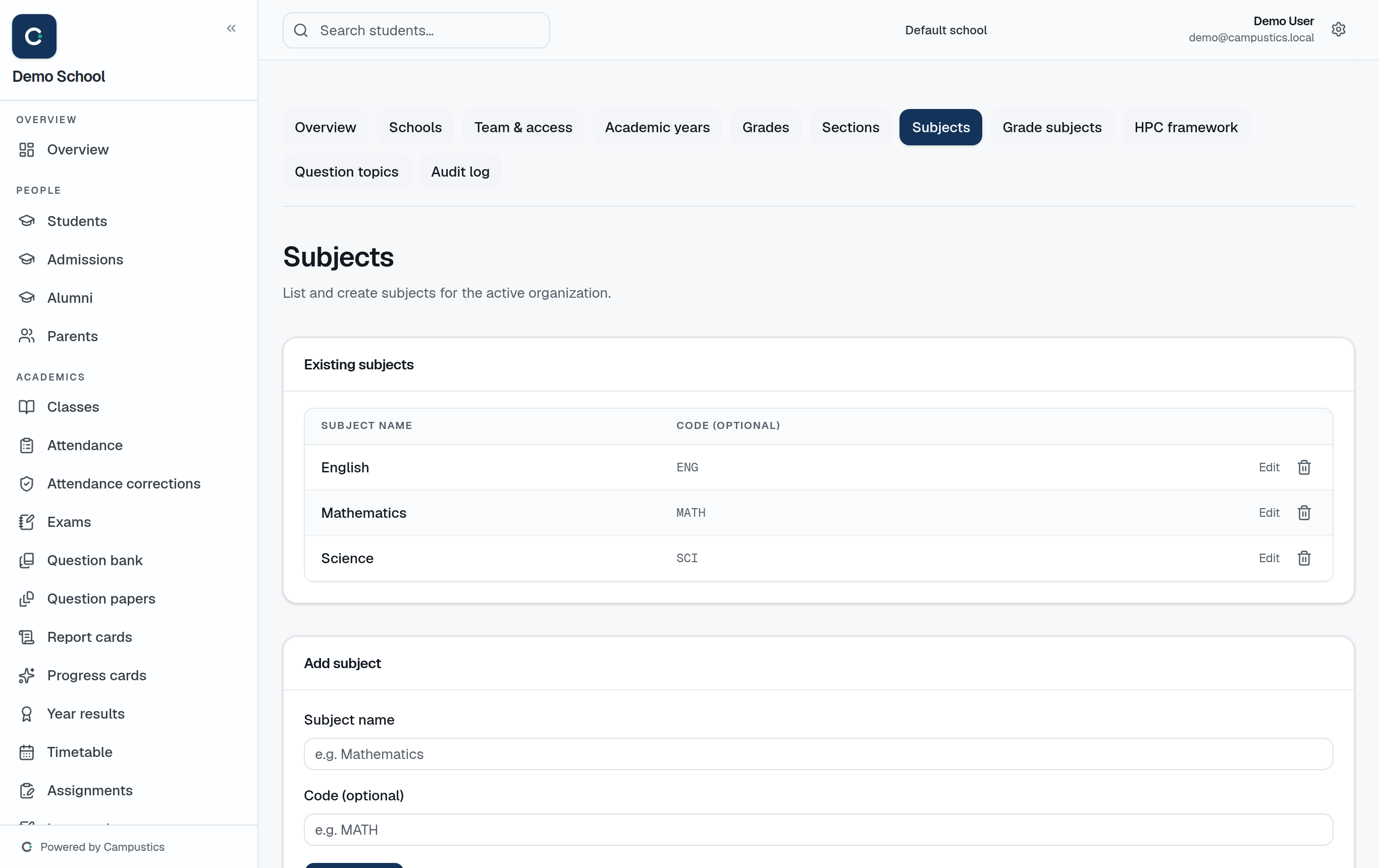 Settings → Subjects